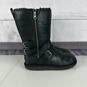 Ugg Kaila Boots Youth 6 Black Leather Sherpa Lined Zip Warm Buckle Strap